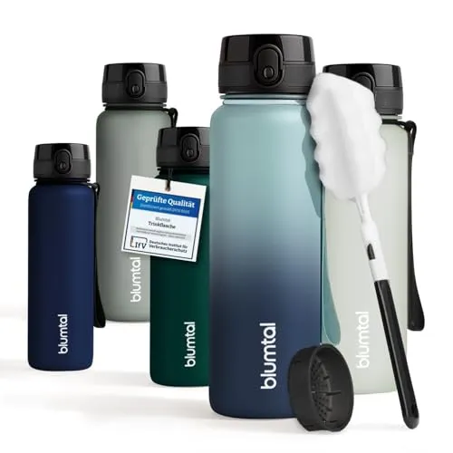 Blumtal Trinkflasche 1L - auslaufsichere Trinkflasche Sport + 1-Klick-Verschluss - BPA-freie Wasserflasche 1L + Sieb - Spülmaschinenfest - 1 Liter- Grau-Blau