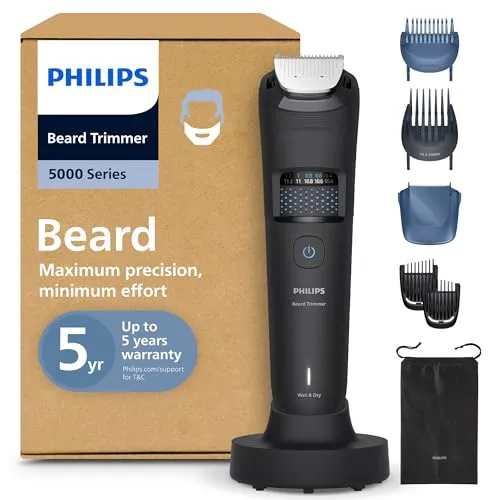 Philips Bartschneider 5000er-Serie – selbstschärfende Metallklingen, 40 Längeneinstellungen, BeardSense-Technologie, Haarkollektor, 100% wasserdicht, Übergangskamm, Reiseetui, Modell BT5785/30
