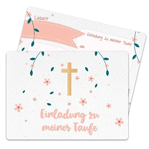 Papierdrachen 12 Einladungskarten zur Taufe - Motiv Kreuz und Blumen - Einladung zur Heiligen Taufe für Mädchen und Jungen - hochwertig gedruckt in DIN A6