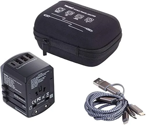 TROIKA World Reiseadapter-Set mit 3-in-1 Ladekabel - Flexibles Reiseadapter-Set für alle gängigen Steckdosen weltweit. Mit 3 USB-Anschlüssen und 1 USB-C für das gleichzeitige Laden von bis zu 4 Geräten. Inklusive sicherer Aufbewahrungsbox und hochwertigem 3-in-1 Ladekabel.