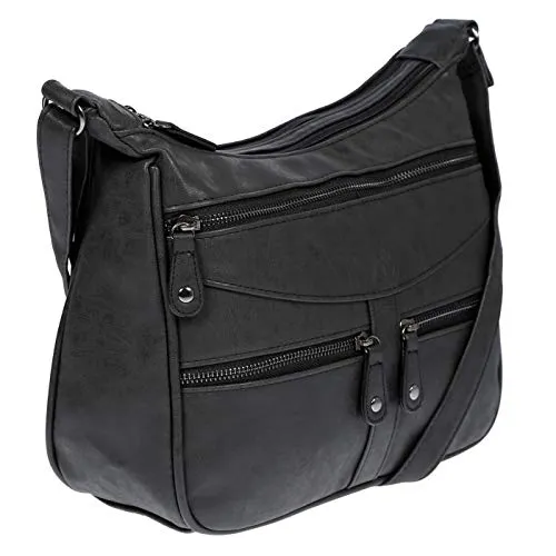 Christian Wippermann Damen Umhängetasche - Crossover Bag in Schwarz, hochwertige Leder Optik mit vielen Fächern und verstellbarem Trageriemen bis 155 cm