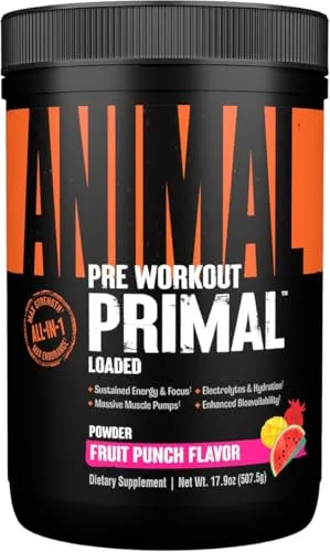 Universal Nutrition Animal Primal Powder (507,5 g, Fruit Punch) - Sportnahrung mit umfassender Pre-Workout-Formel für explosive Energie, mentale Konzentration und verbesserte Ausdauer – ideal für intensive Trainings!