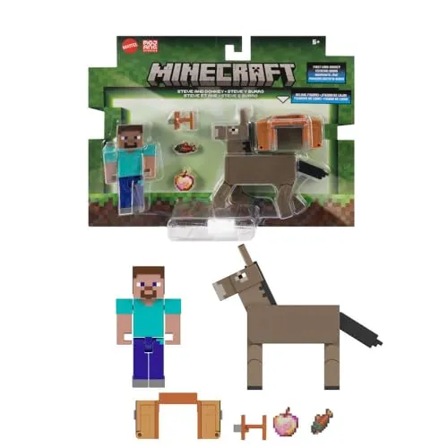 Mattel Minecraft Actionfiguren & Zubehör, 2er-Pack, Steve & Esel im 8,3 cm Maßstab, Sammelspielzeug-Set