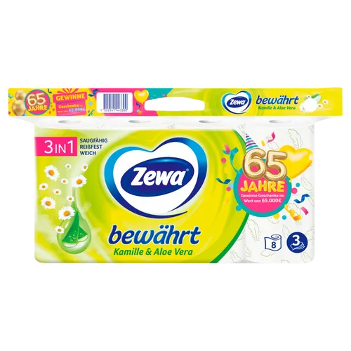 Zewa Bewährt Toilettenpapier 3-lagig mit Kamille – 8 Rollen