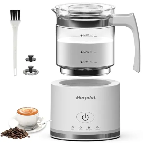 Milk Frother morpilot elektrischer Milchaufschäumer aus Glas, 4 in 1 Funktion, schön anzusehen, Fassungsvermögen 250 ml Cappuccino oder 500 ml heiße Milch, geteiltes Design, Weiß
