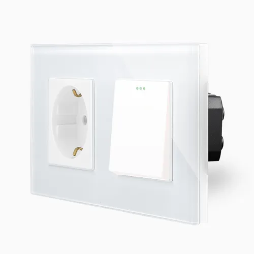 Luxus-Time Wippschalter Lichtschalter + Steckdose Schuko Glasrahmen 2Fach Weiß