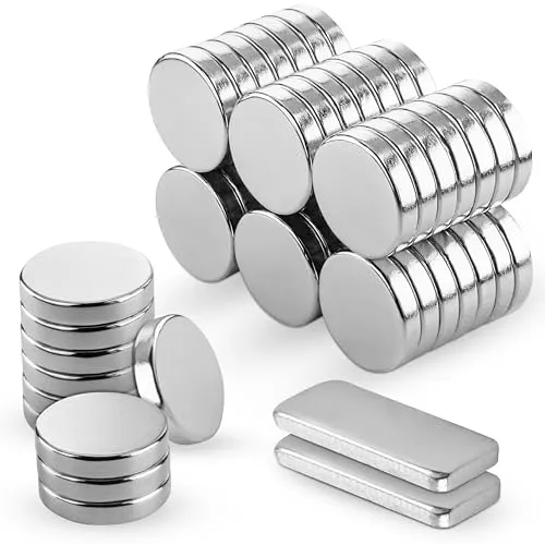 Poppstar 52 Neodym Mini Magnete (Durchmesser 10 mm, Höhe 2 mm), mit 2 Metallplatten, extra stark, silbern