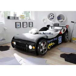 Mid.you Autobett in Schwarz mit Beleuchtung - Stylisches Kinderbett im Rennwagen-Design, 90x200 cm, mit LED-Scheinwerfern für ein cooles Ambiente im Kinderzimmer.