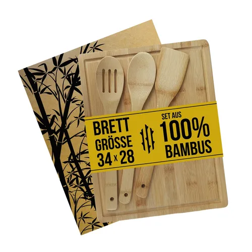 RONI Bambus Schneidebrett + Küchenhelfer Natürliches Küchen Brett mit Utensilien