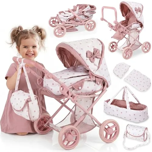 Kinderplay Puppenwagen 3-in-1 rosa mit Tragetasche – Höhenverstellbarer Puppenwagen für kreative Rollenspiele - 3-in-1 Puppenwagen für Kinder ab 3 Jahren mit Liegewanne, Sitz und Tragetasche. Höhenverstellbar von 36,5 bis 64 cm und mit leisen Schaumrädern, ideal für drinnen und draußen. Praktisch klappbar und pflegeleicht für endlosen Spielspaß.