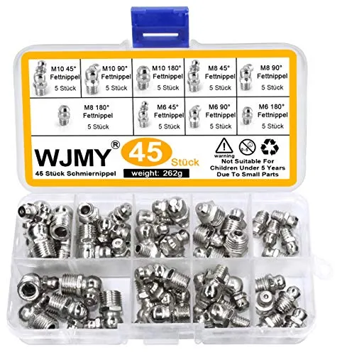 WJMY Schmiernippel Fettnippel Sortiment 45 Stücke M6 / M8 / M10 (metrisch) Kegelschmiernippel Set 180° Gerade abgewinkelt 45°90°