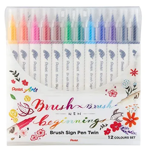Pentel BrushSignPen Pinselstift Twin 12er Set - Vielseitiges 12er Set Pinselstifte mit flexibler Spitze für kreative Designs. Ideal für Zeichnungen, Kalligrafie und Scrapbooking. Brillante Farben sorgen für lebendige Ergebnisse.