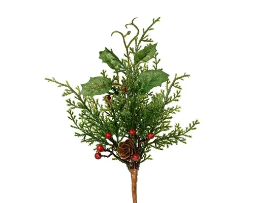 Kunstzweig, Kaemingk, Künstlicher Zweig 25cm mit roten Beeren und Glitzer Grün / Rot