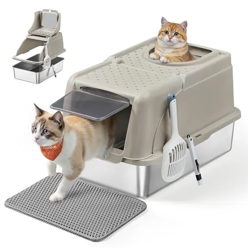 Feandrea Katzenklo Edelstahl, XL, Katzentoilette mit Deckel, mit Schaufel, Bürste und 2 Eingängen, für Katzen bis 15 kg, cappuccinobeige PPT005K01