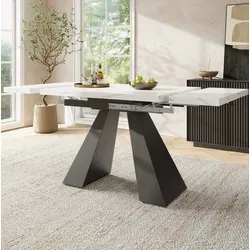 Ausziehbarer Esstisch Mdf In Weiß Mit Marmoroptik Und Metallgestell Schwarz, 99-159x74x77 Cm