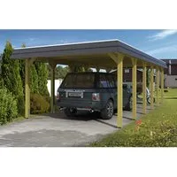 Skan Holz Walmdach-Carport Spreewald 396 cm x 893 cm - Stabiler Einzelcarport aus imprägniertem Holz, idealer Schutz für Ihr Fahrzeug mit 12 robusten Pfosten und witterungsbeständigem Aluminiumdach.