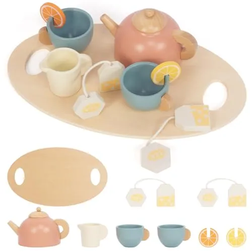WoodenFun Blau Holz Tee Party Set Tassen Kuchen Schokolade Rollenspiel ab 3J Geschenk(Holzfarbe)