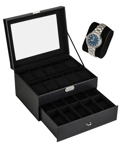 shelfmade Uhrenbox für 20 Uhren - elegante Aufbewahrung - Uhrenbox in schwarz, ideal zur stilvollen Aufbewahrung von 20 Uhren und schützt vor Staub und Kratzern.