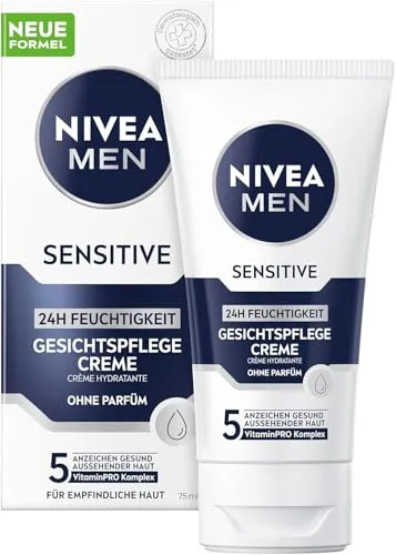 NIVEA MEN Sensitive Gesichtspflege Creme 75 ml - Nachtpflege für empfindliche Männerhaut – 24h Feuchtigkeitscreme mit VitaminPRO Komplex, beruhigt Hautirritationen und stärkt die natürliche Hautbarriere.