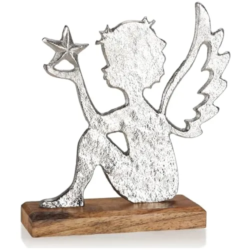 com-four® Engel Figur - edle Dekofigur aus Metall und Mangoholz - Engelskulptur mit Stern - Engel mit Flügeln aus Metall auf Holzsockel - Weihnachtsdeko Aufsteller