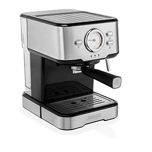 Princess 249415 Kapselmaschine Silber, Schwarz - Siebträgermaschine mit 20 bar Pumpe und Milchaufschäumdüse, ideal für Espresso, Cappuccino und mehr. Inklusive Tassenwärmer für perfekten Kaffeegenuss.