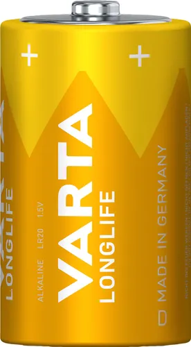 Varta Batterie Alkaline, Mono, D, LR20, 1.5V Longlife - Die Varta Longlife Mono D (LR20) ist eine leistungsstarke Alkaline-Batterie mit 16.000 mAh, ideal für Geräte mit konstantem Energiebedarf. Langanhaltende Energie für Fernbedienungen, Uhren und mehr.