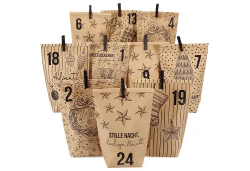 PAPIERDRACHEN befüllbarer Adventskalender DIY Adventskalender - 24 Geschenktüten, 24 Zahlenaufkleber & Klammern