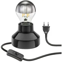 ledscom.de E27 Porzellan Tischlampe TIX, rund mit Stecker und Schalter, schwarz, 90mm inkl. E27 Lampe 461lm warmweiß