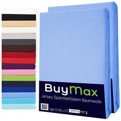 Buymax Spannbettlaken 2-er Set, Doppelpack, Bettlaken, Jersey 100% Baumwolle, Gummizug: rundum, (2 Stück), 90x200 100x200 140x200 160x200 180x200 cm, Matratzen bis 25 cm Höhe blau 80 cm x 200 cm