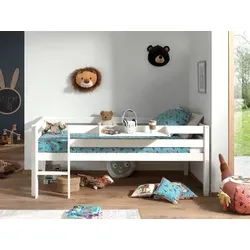 Vipack Kojen-Spielbett 90 x 200 cm mit Hängeregal und Leiter - Kinderbett aus massivem Kiefernholz, ideal für kleine Räume. Mit umlaufendem Absturzschutz und zusätzlichem Stauraum unter der Liegefläche.