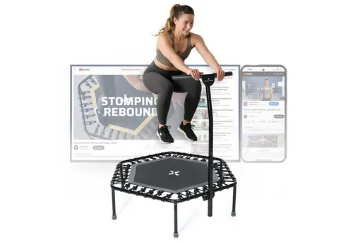 SportPlus Fitness Trampolin mit Haltestange, 5-fach höhenverstellbar - Trampolin für zuhause, gelenkschonende Gummiseilfederung, belastbar bis 130 kg, ideal für effektives Workout und Spaß in jedem Raum.