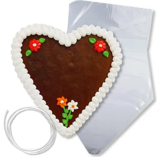 Lebkuchenherz Rohling 21 cm mit Deko weiß SELBER BESCHRIFTEN (62,81 EUR/kg)
