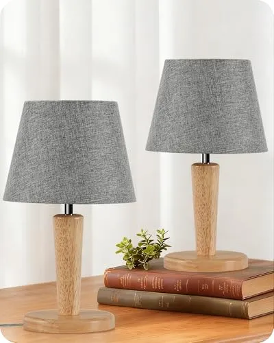 GOEBLESON Nachttischlampe aus Holz 2er Set, Graue Tischlampe mit Leinen Lampenschirm, E27 Fassung mit Birne, 3000K/4000K/6500K, für Wohnzimmer, Schlafzimmer, Fensterbank ZMH13TLDP205
