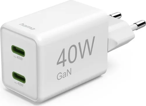HAMA Schnellladegerät GaN 40W, Super-Mini-Ladegerät mit 2x USB-C