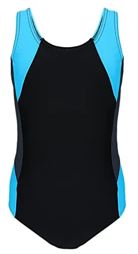 Aquarti Mädchen Badeanzug mit Ringerrücken – Sport Badeanzug Mädchen, Chlorresistent, Farbe: Schwarz/Graphit/Blau, Größe: 158