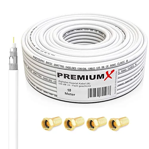 Premium X 10m BASIC Koaxialkabel 135dB 4-fach SAT Antennenkabel Koax-Kabel DVB-S / S2 DVB-C DVB-T BK Anlagen 4x F-Stecker