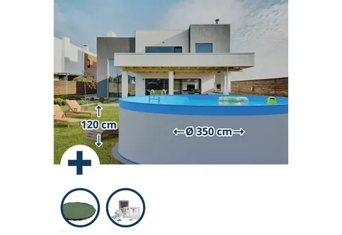 SUMMER FUN Rundpool HOLIDAY (3-tlg) - Ø 350 cm, 120 cm hoch - Stabiler Stahlwandpool mit 11.000 l Füllmenge, ideal für den Sommer-Spaß im Garten. Inklusive Skimmer und Poolabdeckung für sauberes Wasser.