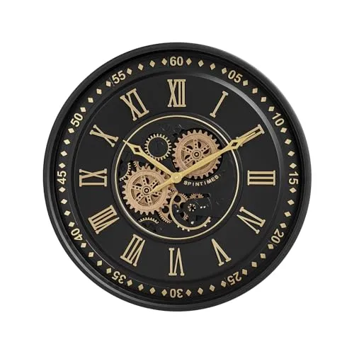 Samilito Wanduhr mit echtem Bewegungsgetriebe Zahnrädern 59,5cm (Metall, Schwarz)