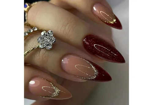LuxusKollektion Kunstfingernägel 24 Stück Mandel Nägel Weinrot Stiletto Glänzend Press on Nails