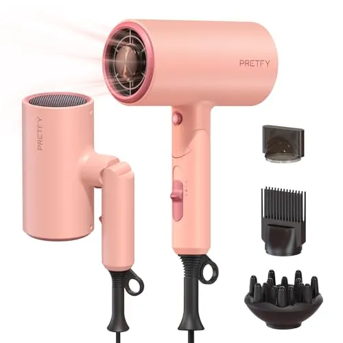 Pretfy Föhn Ionen Haartrockner,2000W Profi Fön Klappbar Haarföhn,Reise Föhn mit 3 Hitze-Einstellungen,Kaltlufttaste,mit Diffusor,Bürste, Spitze (Rosa)