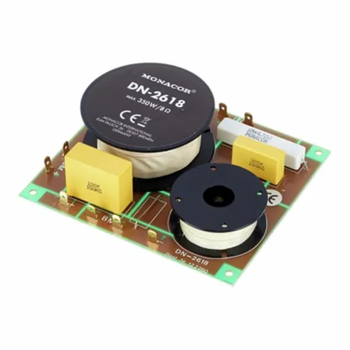 Monacor DN-2618 Frequenzweiche - 2-Wege Frequenzweiche mit Trennfrequenz von 3 KHz, ideal für hochwertige Lautsprecheranlagen, max. Eingangsleistung 350 Watt, 8 Ohm.