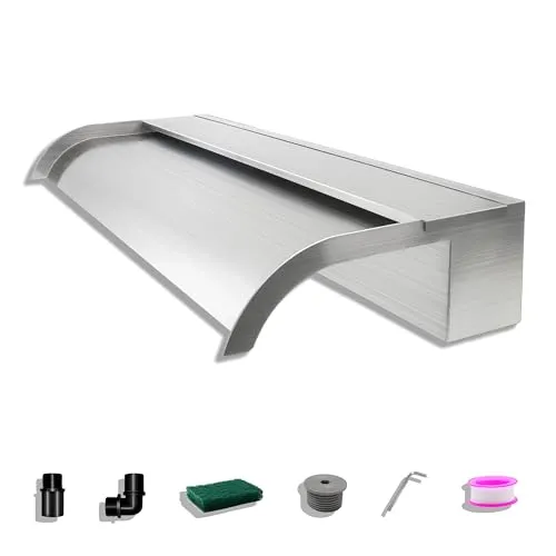 LONGRUNNEW Teich Wasserfallklingen Set, 60 cm Edelstahl Poolfontäne mit Zubehör, Breite 18 cm Gebogene Auslauf Spritzwand für Garten Patio Teichdekoration