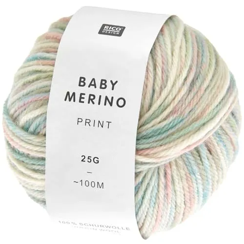 Rico Design Baby Merino Print Babywolle, 25g, 100m, Nadel 4.0, 100% Schurwolle, für Pullover Gr. 74/80 waschbar bei 30°C im Schonwaschgang Pastelle