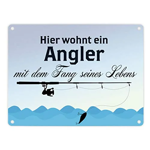 trendaffe - Angler mit dem Fang seines Lebens Blechschild in 15x20 cm Comic-Style - Metallschild Dekoschild