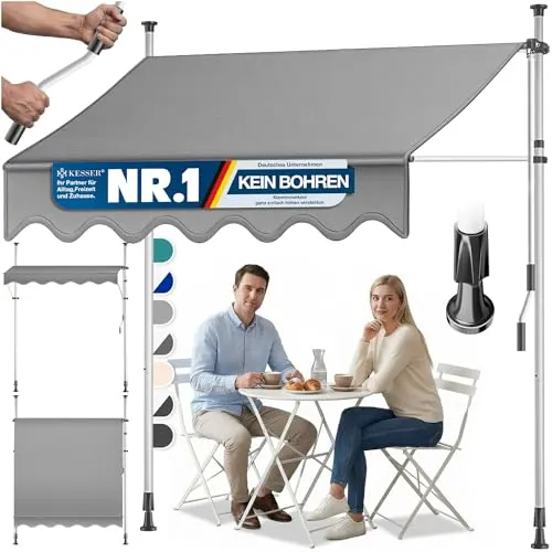 KESSER Klemmmarkise mit Handkurbel - Klemm-Markise für Balkone, 150 cm breit, praktische Handkurbel für einfache Bedienung und elegantes graues Design
