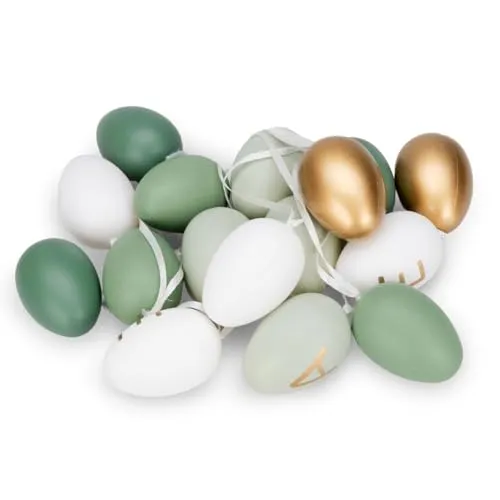 NaDeco 16x Ostereier zum Aufhängen – Kunststoff-Ostereier mit Muster – Osterdeko für Innen & Außen – Hängedeko für Osterstrauch – FrühlingsdekoㅤWeiß-Mint-Gold