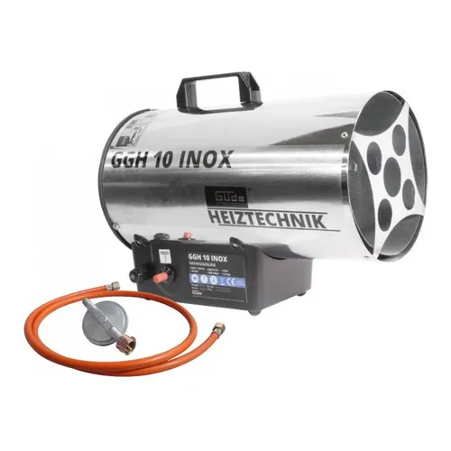 Güde GGH10 INOX Gasheizgebläse Heizstrahler - Heizstrahler mit 10 kW Heizleistung, ideal für Bauwesen und Landwirtschaft. Aus robustem Edelstahl, inkl. Schlauch und Druckminderer, für sicheres und effizientes Heizen in gut belüfteten Räumen.