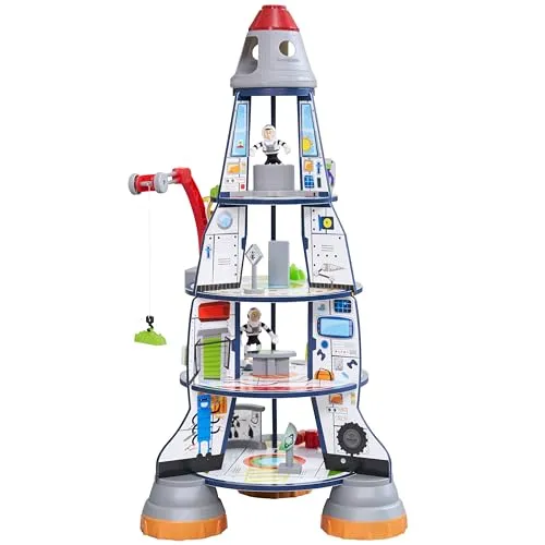 KidKraft Raketenschiff Spielset aus Holz mit Kran und Spielfiguren, Astronauten und Alien Figur, Raketen Spielzeug für Kinder ab 3 Jahre, 63443