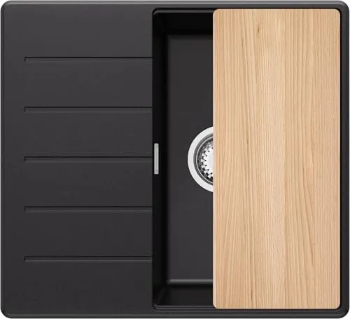 PRIMAGRAN Spülbecken Schwarz 55x50cm, Granitspüle 1 Becken + Ablauf-Set + Schneidebrett, Küchenspüle ab 40er Unterschrank - Kopenhagen S280