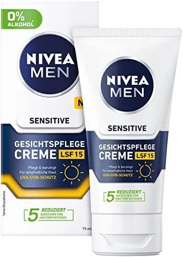 NIVEA Men Feuchtigkeitscreme, Gesichtscreme für Männer mit Kamille, Gesichtspflege für empfindliche Haut, Männer Hautpflege mit LSF 15, Sensitive Hautcreme (75 ml)